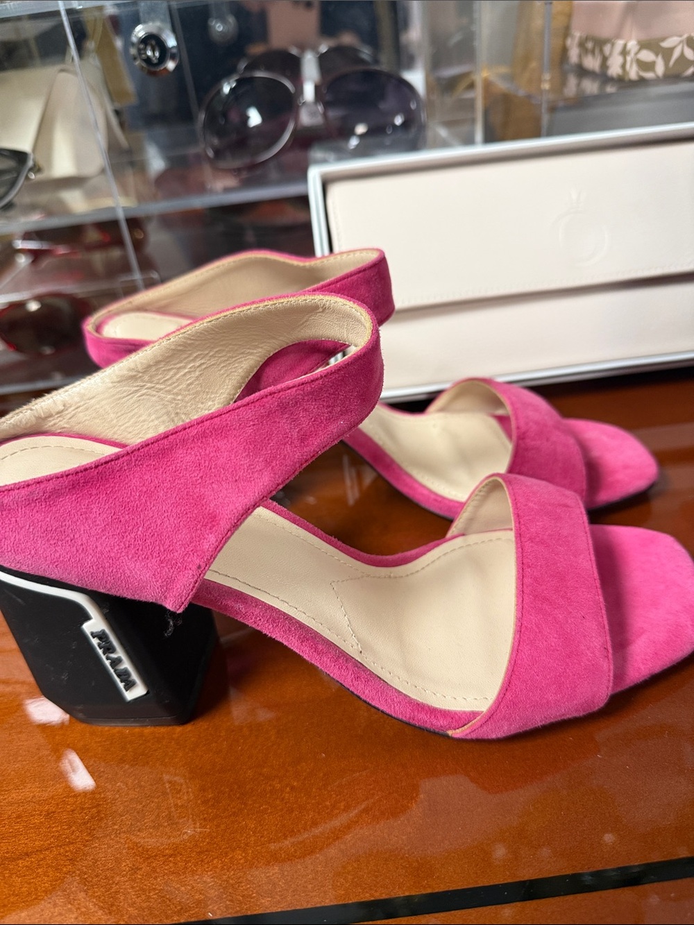 Prada Fuchsia Suede Slingback Block Heel Sandals